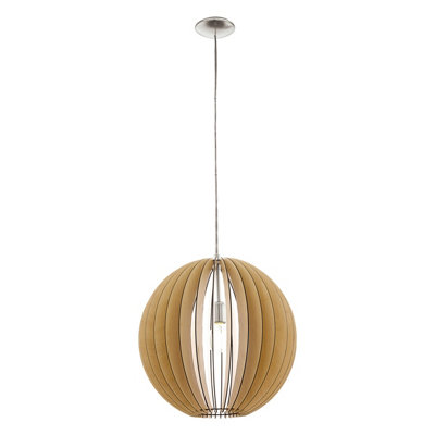 Stylish Satin Nickel Pendant Ceiling Light With Maple Wood Shade from B&Q