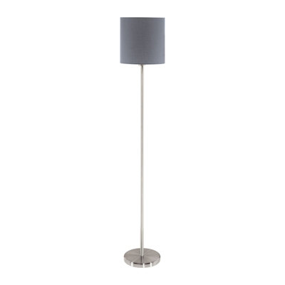 Elegant Satin Nickel Floor Lamp With Grey Fabric Shade And Pedal Switch from B&Q