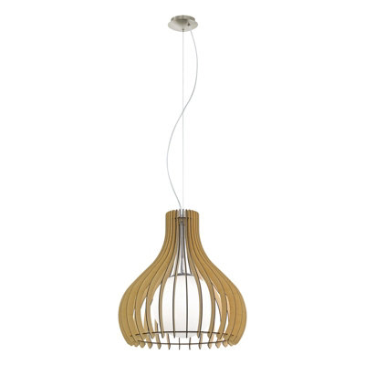 Stylish Satin Nickel Pendant Ceiling Light With Maple White Wood Shade from B&Q
