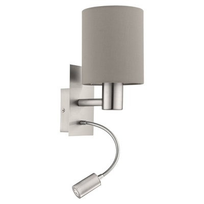 Satin Nickel Wall Light With Taupe Fabric ShadeE27 Led Bulb Compatible from B&Q