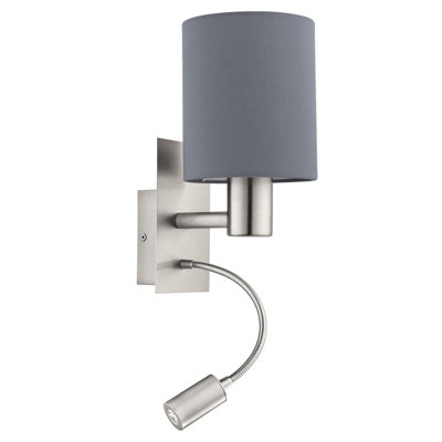 Satin Nickel Wall Light With Grey Fabric Shade And E27 Led Bulb from B&Q