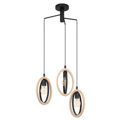 Stylish Hanging Ceiling Pendant Light With Black And Wood Hoop Shade For Modern Interiors from B&Q