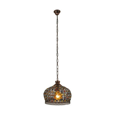  - Antique Copper Hanging Pendant Light With Coloured Glass Shade