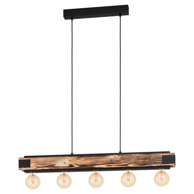  - Stylish Wood Grain & Black 5-Bulb Ceiling Pendant Light For Kitchen Island