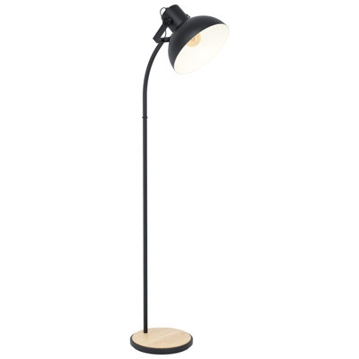  - Stylish Standing Floor Lamp With Curved Black Base And Wooden Shade