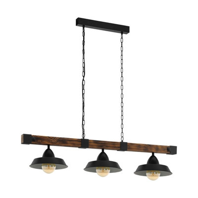 B&Q Stylish And Rustic Wood 3-Bulb Pendant For Kitchen And Dining Areas Black/Light