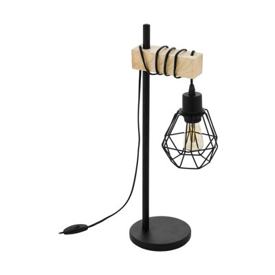 B&Q Stylish Table Lamp With Shade And Wooden Arm For Modern Desks Black