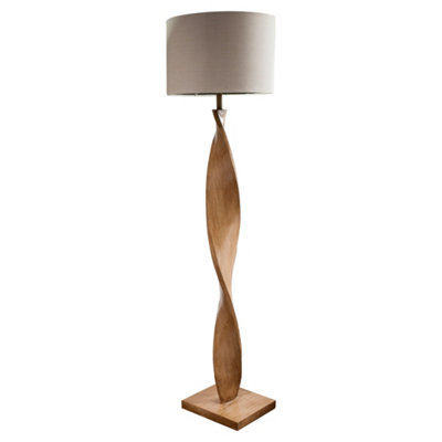  - Floor Lamp Light Oak Effect Resin & Natural Linen 10W Led E27 Base & Shade