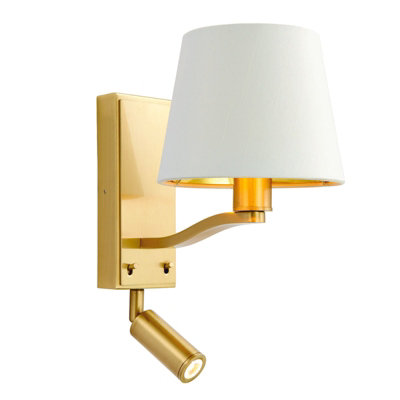  - Wall Light Satin Brass Plate & Vintage White Fabric 40W E14 & 3W Led