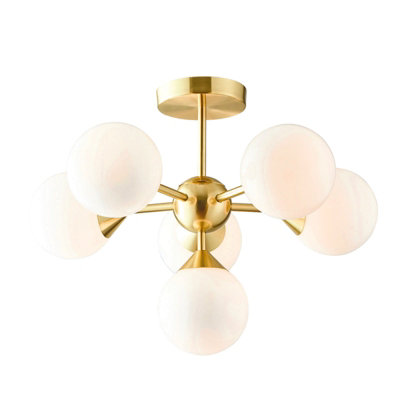  - Semi Flush Ceiling Light Satin Brass Plate & Gloss White Glass 6 X 18W G9