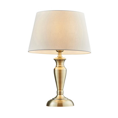 B&Q Table Lamp Antique Brass & Pale Cotton 60W E27 Base & Shade E10518 Grey