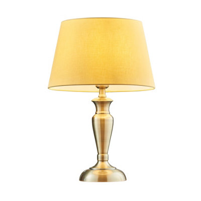 B&Q Table Lamp Antique Brass Plate & Cotton 60W E27 Base & Shade E10522 Yellow