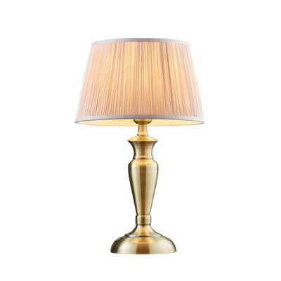 B&Q Table Lamp Antique Brass & Dusky Silk 60W E27 Base & Shade E10527 Pink