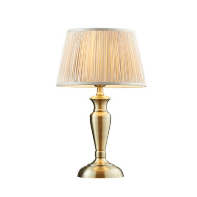 B&Q Table Lamp Antique Brass Plate & Oyster Silk 60W E27 Base & Shade E10533
