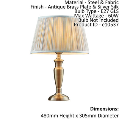 B&Q Table Lamp Antique Brass & Silk 60W E27 Gls Base & Shade E10245 Silver