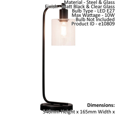  - Table Lamp Matt Black & Clear Glass 10W Led E27 Complete Bedside Light