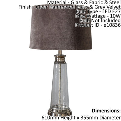  - Table Lamp Clear Hammered Glass & Grey Velvet 10W Led E27 Base & Shade