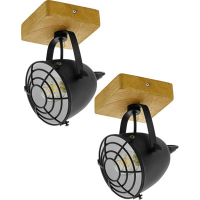  - Stylish 2 Pack Adjustable Black And Wood Wall Or Ceiling Light Spotlight 40W E14