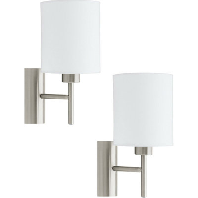  - 2 Pack Satin Nickel Wall Lights With White Fabric Shades And Rocker Switch