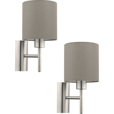  - Elegant 2 Pack Satin Nickel Wall Lights With Taupe Shades And Rocker Switch