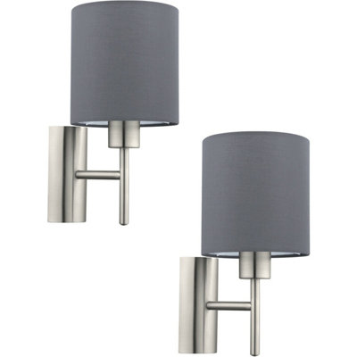  - Stylish 2 Pack Satin Nickel Wall Lights With Grey Fabric Shade And Rocker Switch