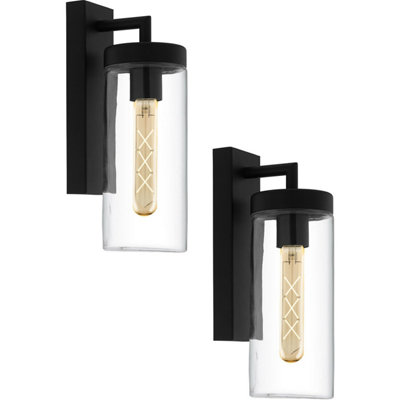  - 2 Pack Ip44 Outdoor Wall Light With Black & Clear Glass Shade For Modern Porches