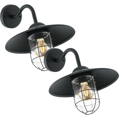 2 Pack Black Cage Outdoor Wall Lights With Fisherman Shade60W E27 Porch Lamps from B&Q