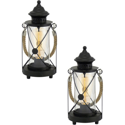 Loops 2 Pack Table Lamp Desk Light Black Steel & Glass Lantern Shade 1X 60W E27 - Image 3