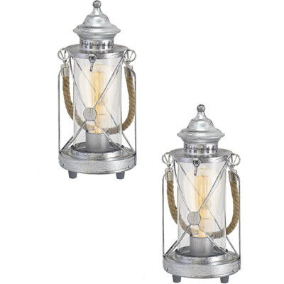 Loops Unisex Metallics Pack Table Lamp Desk Light Antique Silver & Glass Lantern Shade 1X 60W E27 In Size 2 - Image 3