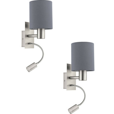  - Stylish 2 Pack Satin Nickel Wall Lights With Grey Fabric ShadeE27 Led Compatible