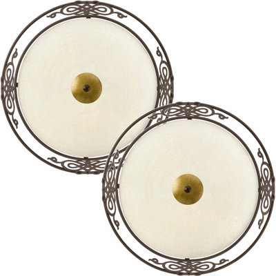 Loops 2 Pack Wall Flush Ceiling Light Antique Brown Gold Shade Beige Glass E27 2X60w - Image 3