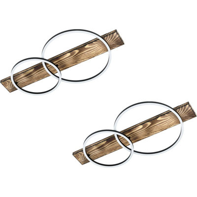  - 2 Pack Modern Wall Flush Ceiling Light With Black Rustic Wood Shade And White Led