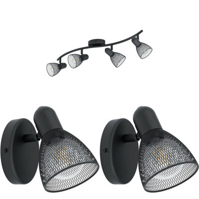  - Modern Quad Ceiling Spot Light With 2 Adjustable Wall Lights In Black Mesh Finish
