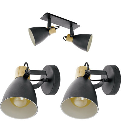 Modern Twin Ceiling Spot Light With Matching Wall Lights In Black And Wood Finish from B&Q
