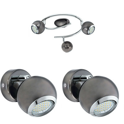  - Modern Black Nickel Ceiling Spot Light With 2 Matching Adjustable Wall Lamps