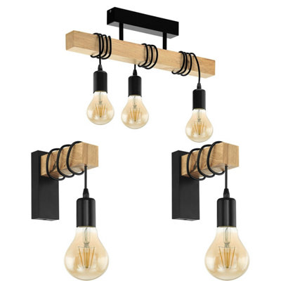 Stylish Black And Wood Ceiling Spot Light With Matching Wall Lights from B&Q