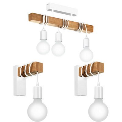 Modern Ceiling Spot Light And 2 Matching Wall Sconces In White And Wood Finish from B&Q