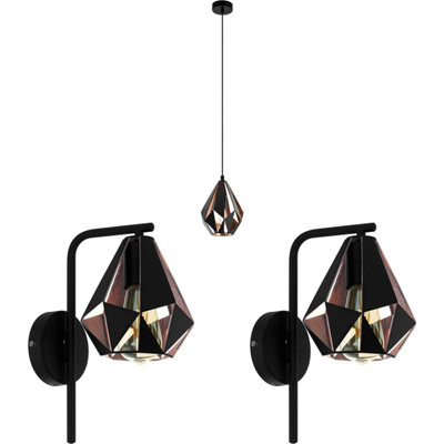 Stylish Black And Copper Geometric Ceiling Pendant Light With Two Matching Wall Sconces from B&Q