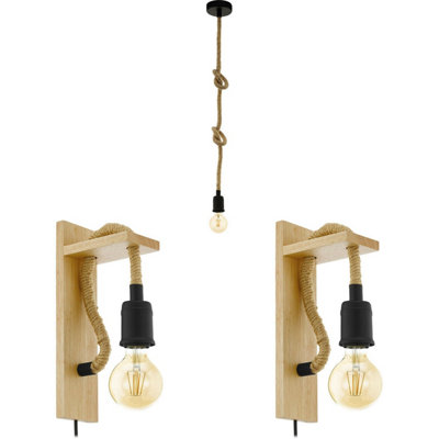  - Stylish Black Ceiling Pendant Light With 2 Matching Wall Sconces And Knot Rope Design
