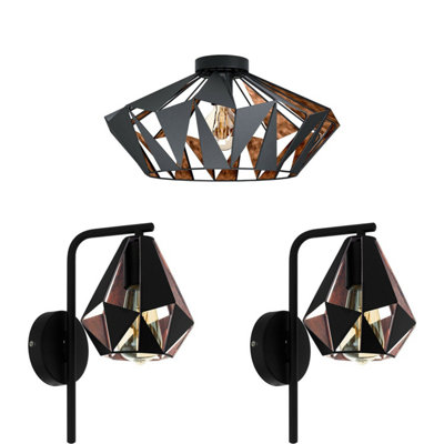  - Stylish Low Ceiling Light With 2 Matching Black And Copper Wall Lights