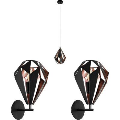 Stylish Black And Copper Geometric Ceiling Pendant Light With Matching Wall Sconces from B&Q