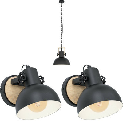 Stylish Black And Wood Ceiling Pendant Light With 2 Matching Wall Sconces from B&Q