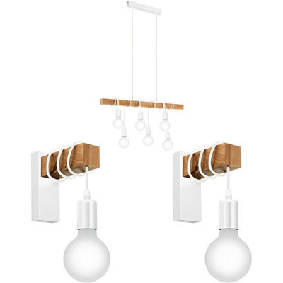 Trendy Multi-Bulb Ceiling Pendant Light With 2 Matching Wall Sconces In White And Wood from B&Q