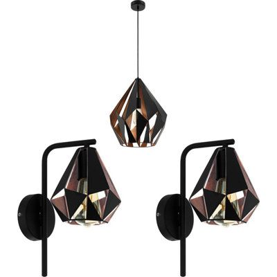 Stylish Black Copper Geometric Ceiling Pendant Light With Matching Wall Fixtures from B&Q