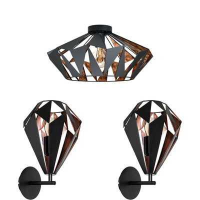 Stylish Low Ceiling Light And Matching Wall Sconces In Black And Copper Finish from B&Q