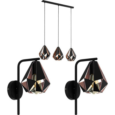 Stylish 3 Bulb Black And Copper Ceiling Pendant Light With Matching Wall Sconces from B&Q