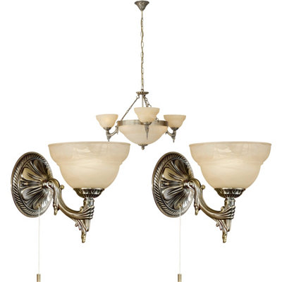 Elegant Bronze Satin Glass Chandelier With Matching Wall Lights Set from B&Q