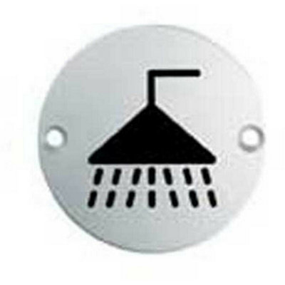 Bathroom Door Shower Symbol Sign 64mm Fixing Centres 76mm Dia Satin Steel from B&Q