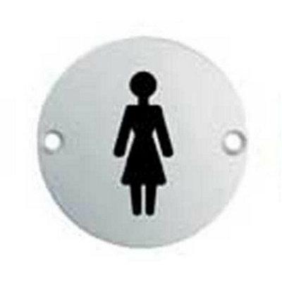 Bathroom Door Female Symbol Sign 64mm Fixing Centres 76mm Dia Polished Steel from B&Q