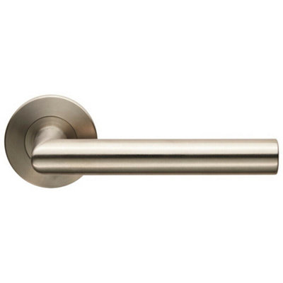 - Pair Straight Mitred Bar Handle On Slim Round Rose Concealed Fix Satin Steel
